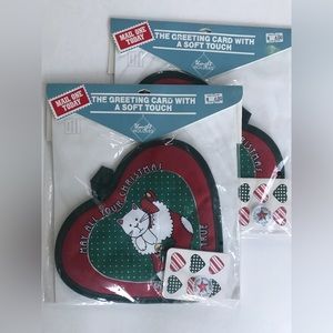2 Vintage Christmas Kitten Potholders and Mailers Heart Shaped NOS